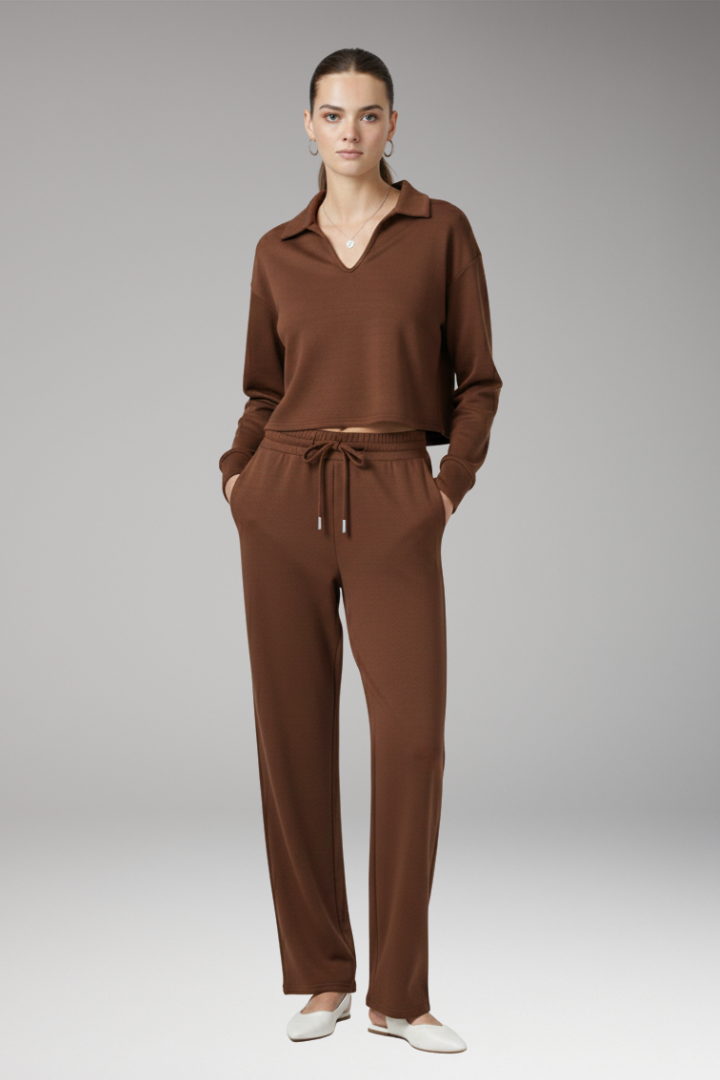 Women's Two-Piece Set with V-Neck Top and Straight-Leg Pants