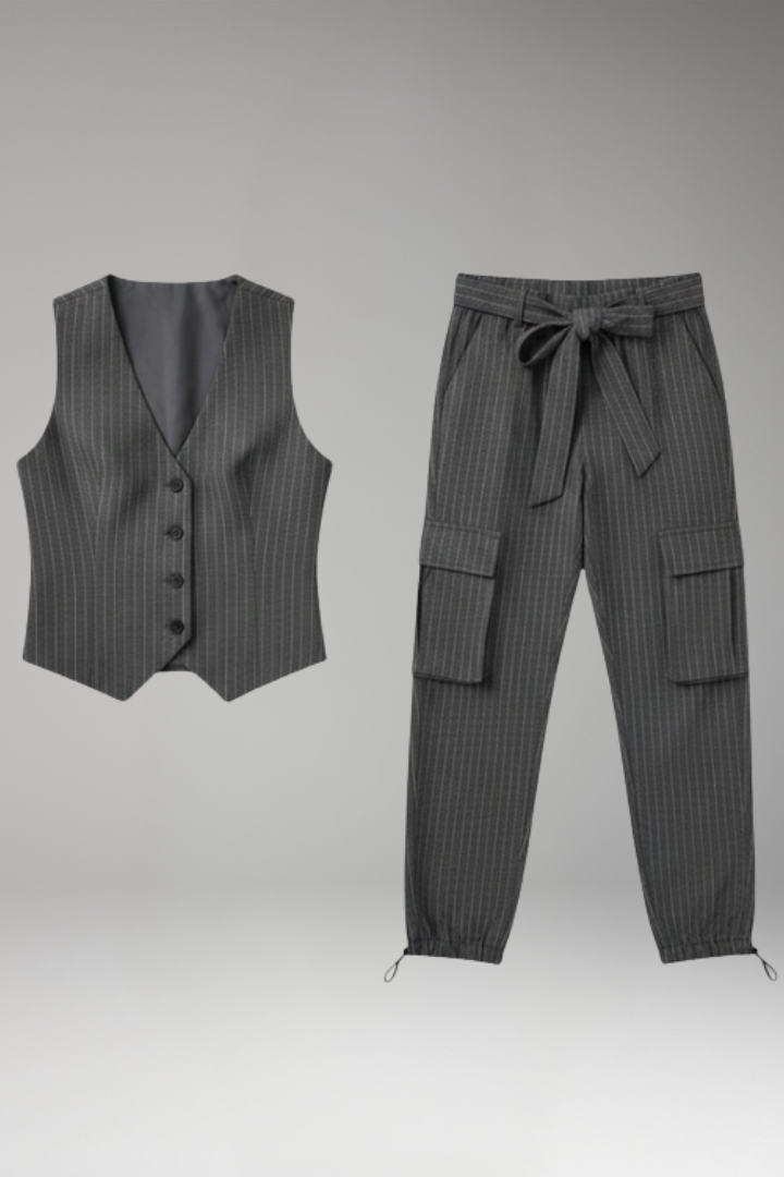 Women's Two Piece Set with Button Vest and Cargo Pants