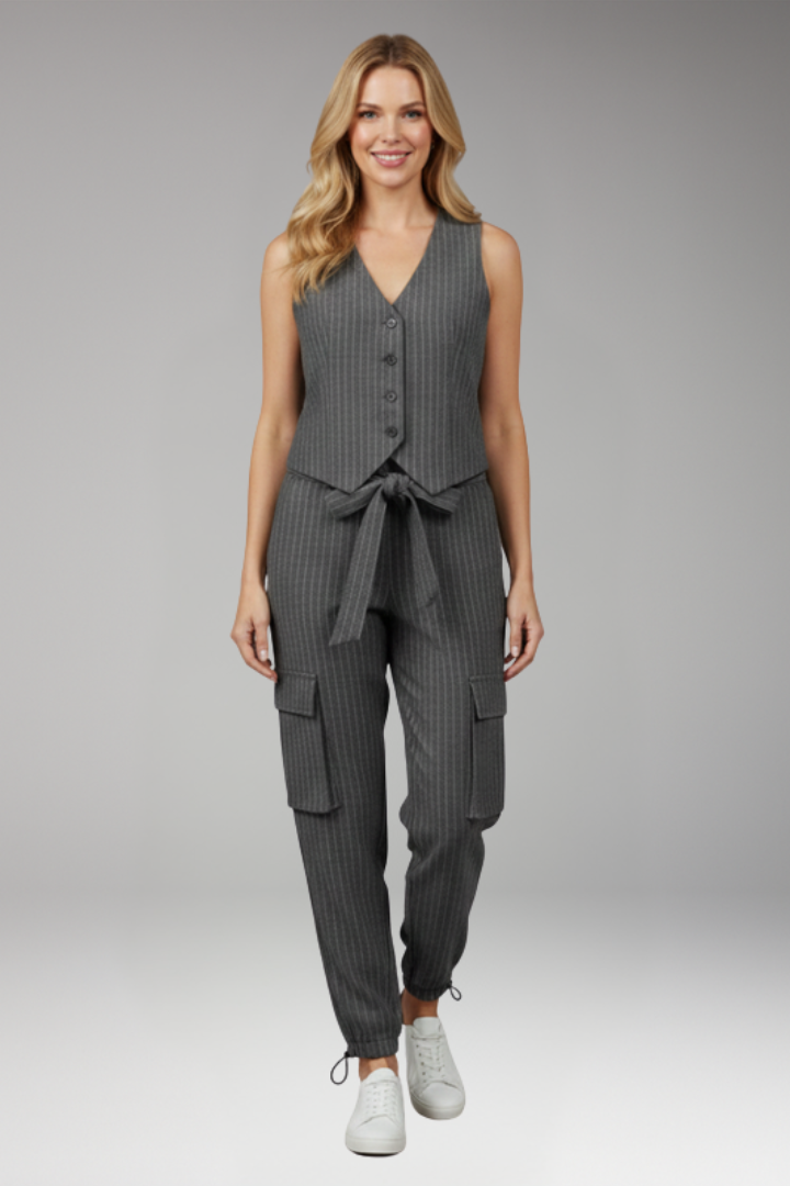 Women's Two Piece Set with Button Vest and Cargo Pants