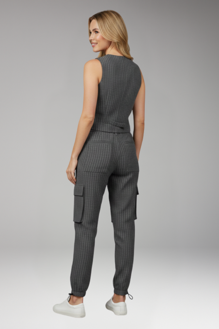 Women's Two Piece Set with Button Vest and Cargo Pants