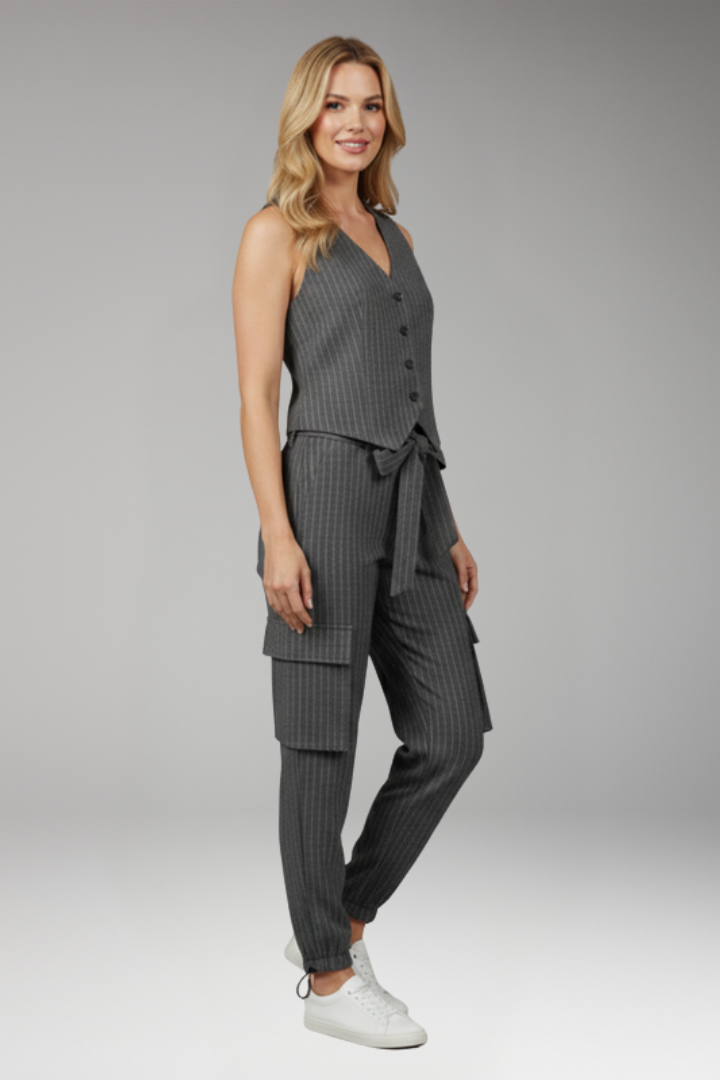 Women's Two Piece Set with Button Vest and Cargo Pants