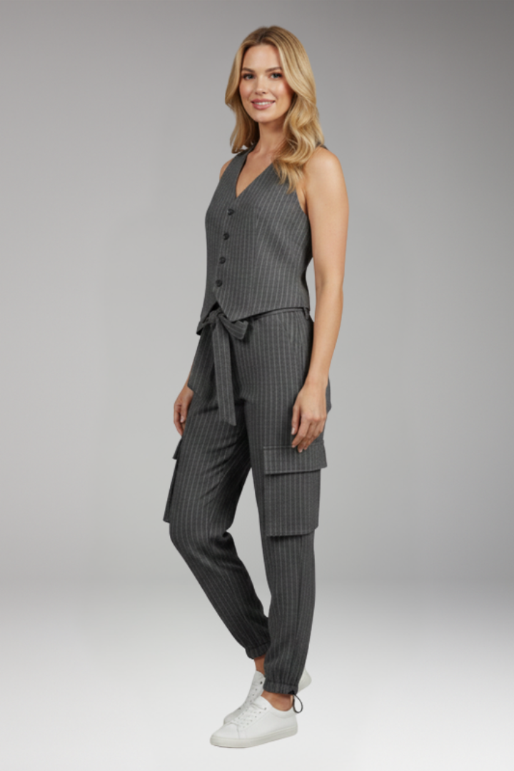 Women's Two Piece Set with Button Vest and Cargo Pants