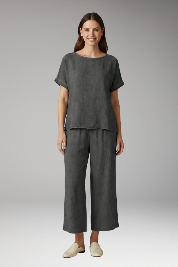 Women's Two Piece Set with Round Neck Top and Pants