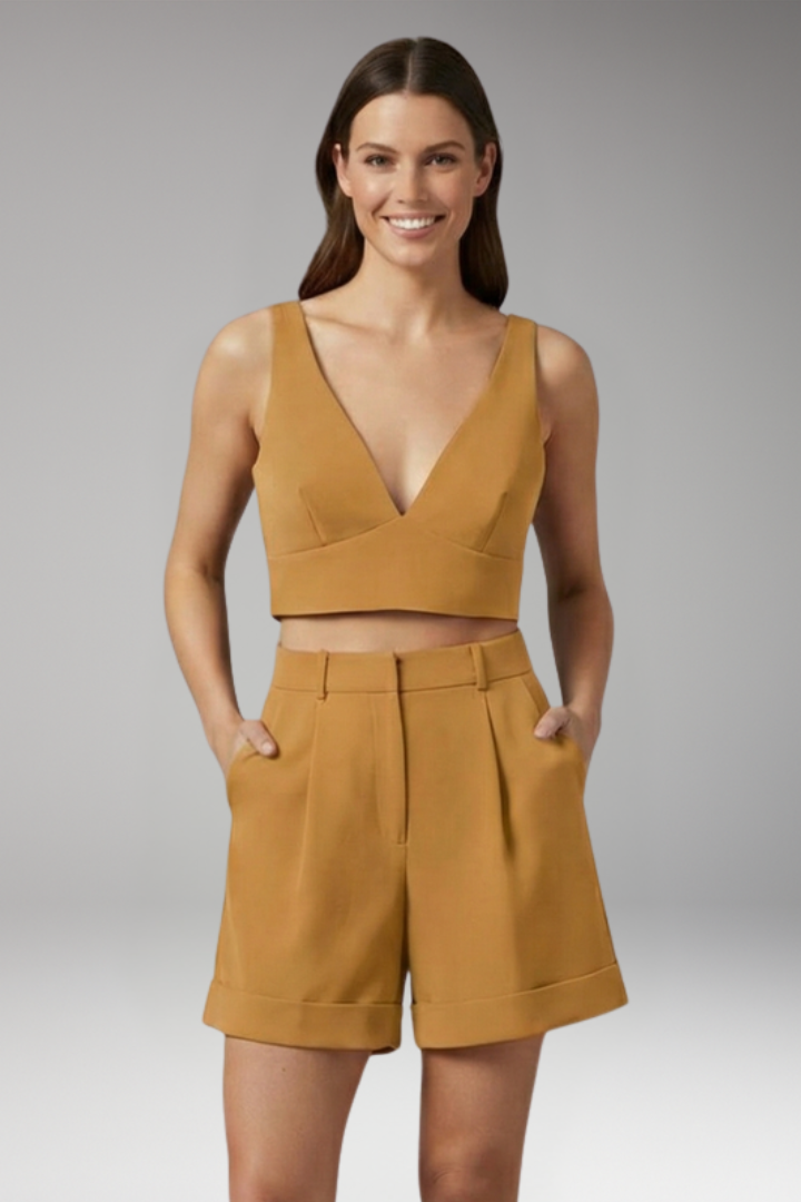 Women's Two Piece Set with V Neck Top and Shorts