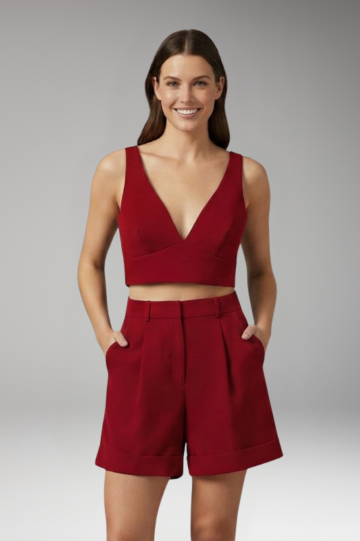 Women's Two Piece Set with V Neck Top and Shorts