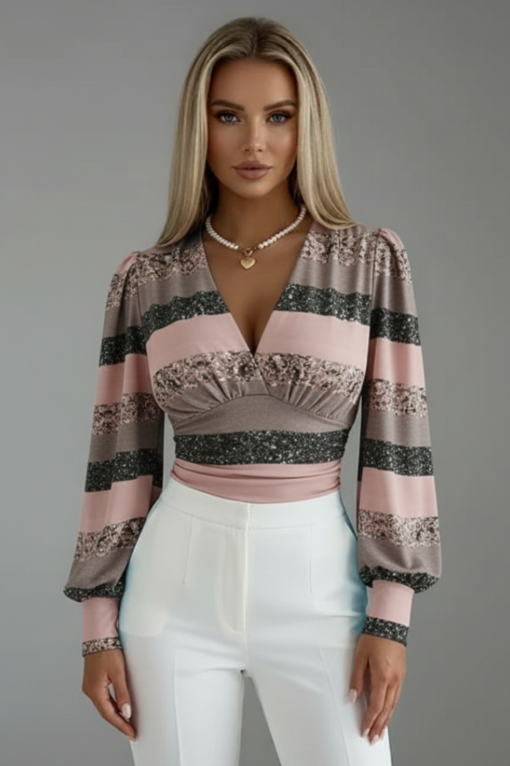 Women’s V-Neck Blouse with Ruched Waist and Long Sleeves