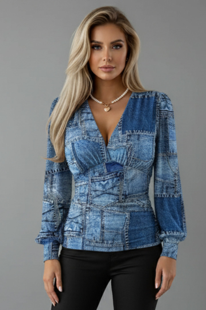 Women’s V-Neck Blouse with Ruched Waist and Long Sleeves