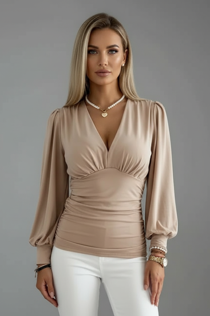 Women’s V-Neck Blouse with Ruched Waist and Long Sleeves