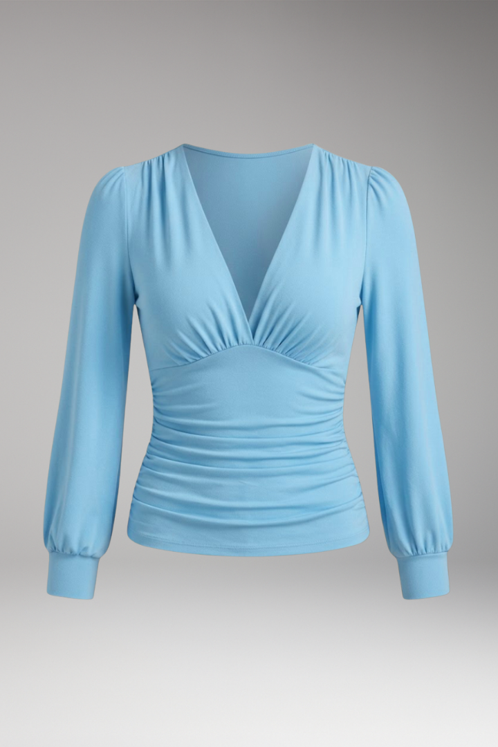 Women’s V-Neck Blouse with Ruched Waist and Long Sleeves