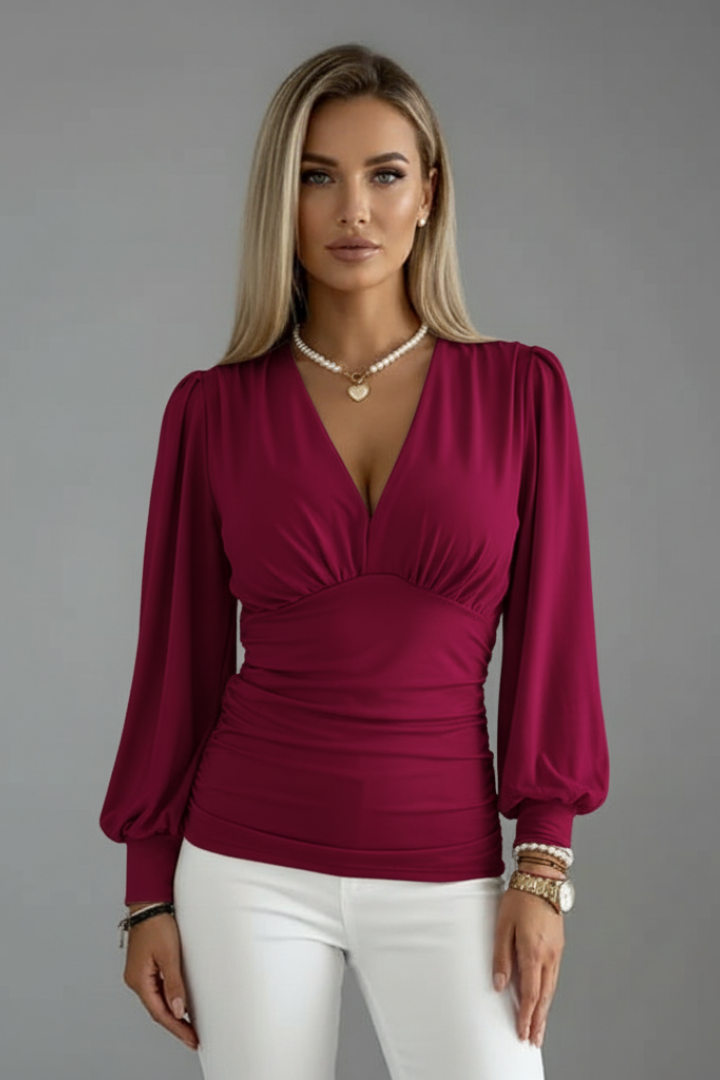 Women’s V-Neck Blouse with Ruched Waist and Long Sleeves