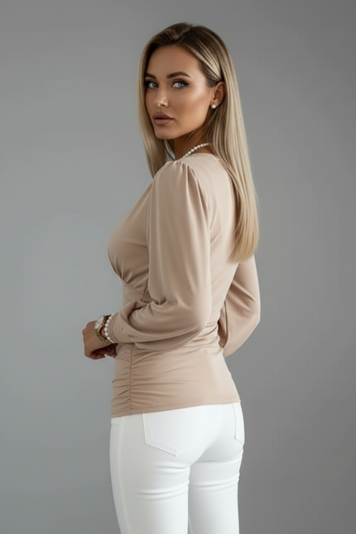 Women’s V-Neck Blouse with Ruched Waist and Long Sleeves