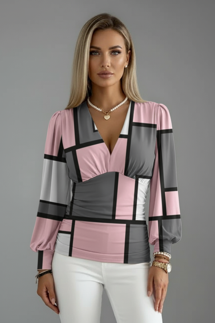 Women’s V-Neck Blouse with Ruched Waist and Long Sleeves