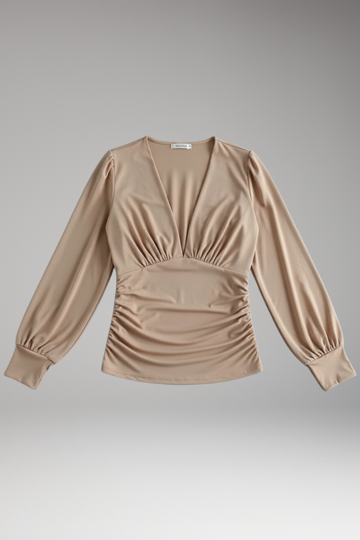 Women’s V-Neck Blouse with Ruched Waist and Long Sleeves
