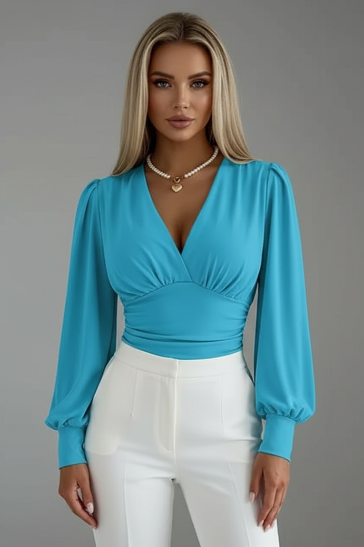 Women’s V-Neck Blouse with Ruched Waist and Long Sleeves