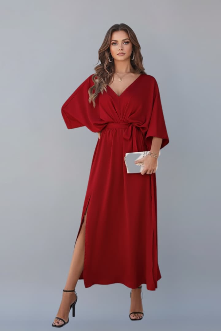 Women's Dress with Waist Tie and Short Loose Sleeves