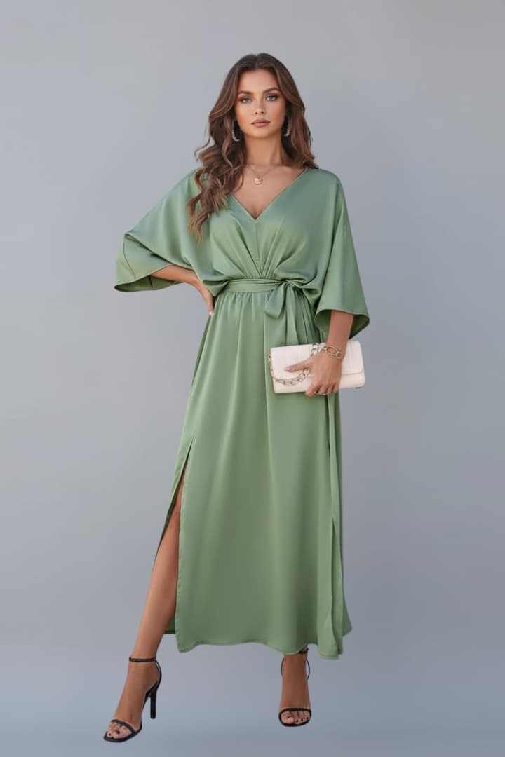 Women's Dress with Waist Tie and Short Loose Sleeves