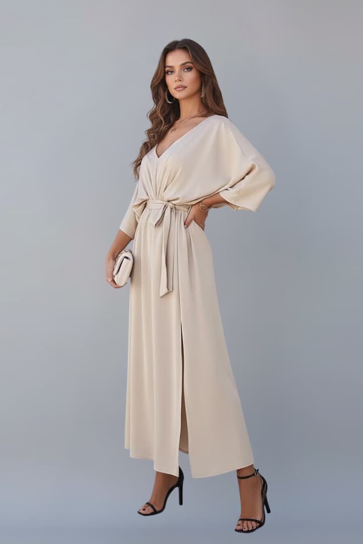 Women's Dress with Waist Tie and Short Loose Sleeves