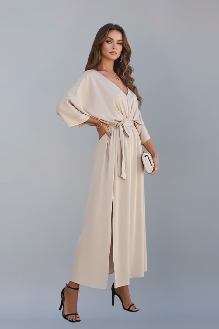 Women's Dress with Waist Tie and Short Loose Sleeves