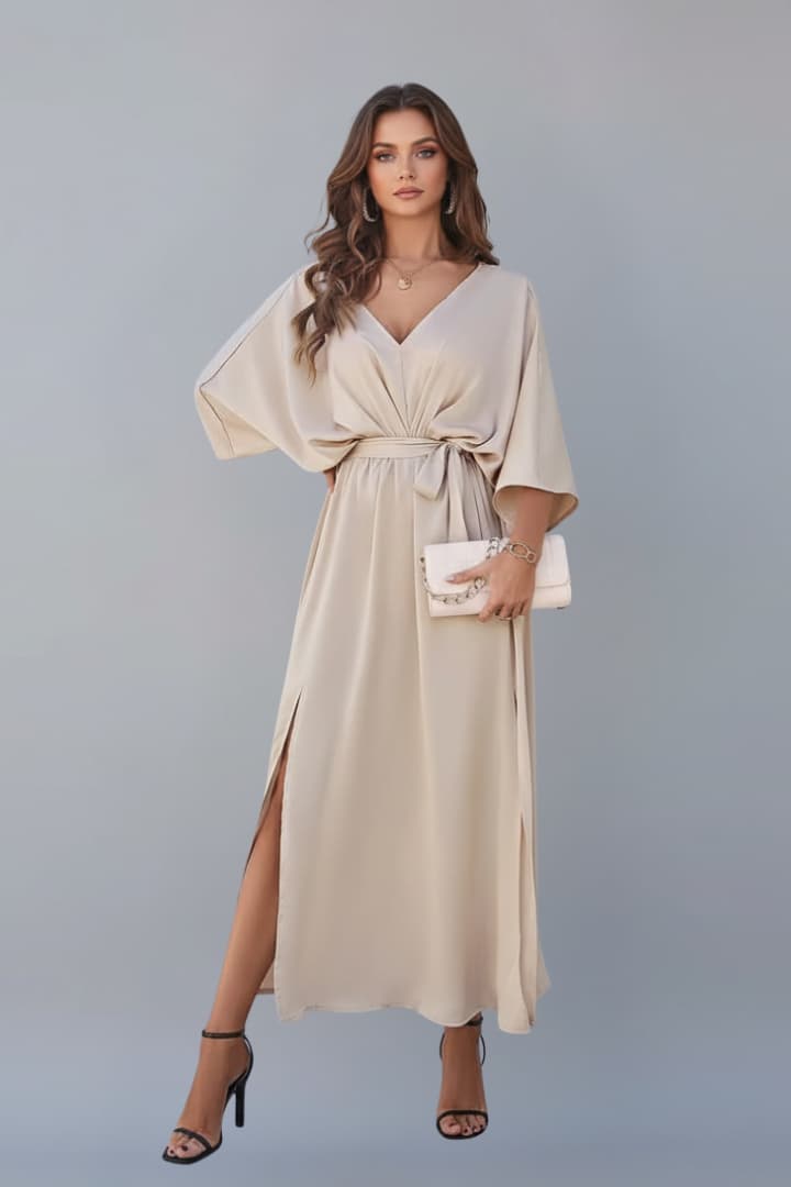 Women's Dress with Waist Tie and Short Loose Sleeves