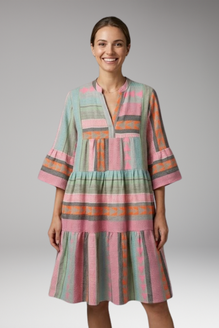 Women's V-Neck Hemp Summer Midi Dress with Sleeves