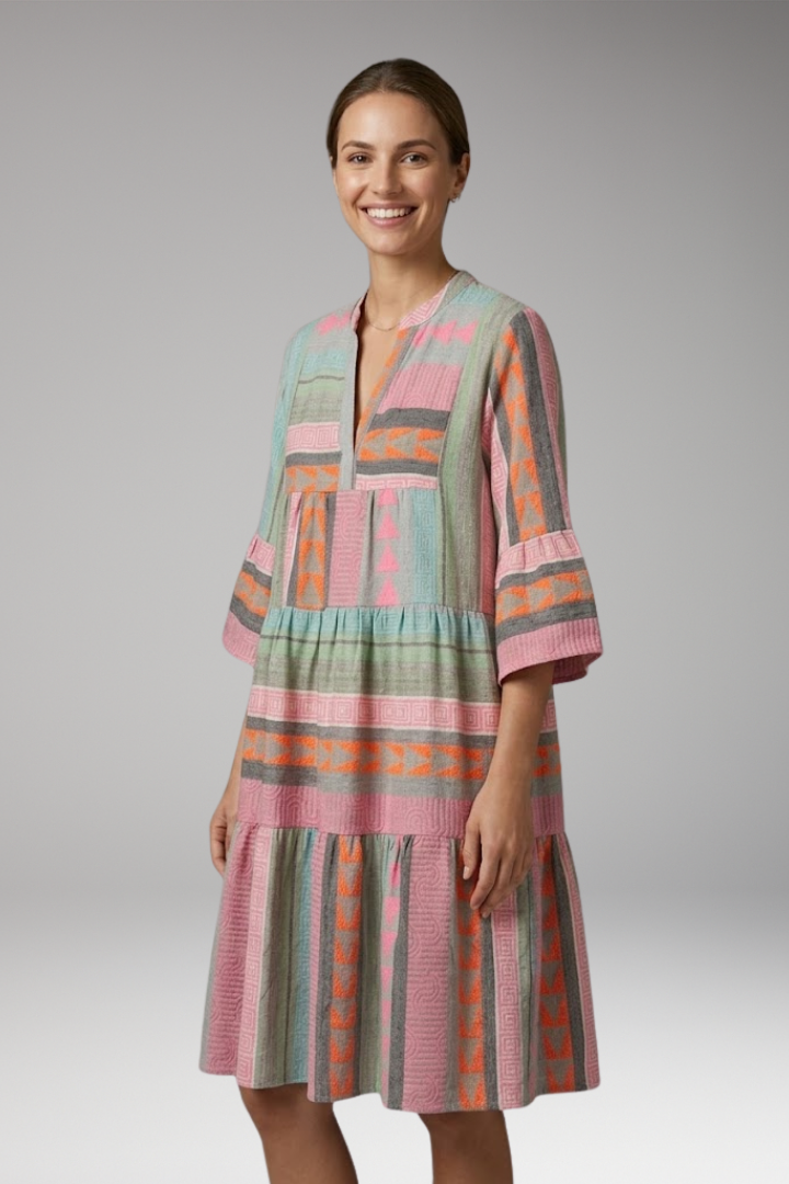 Women's V-Neck Hemp Summer Midi Dress with Sleeves