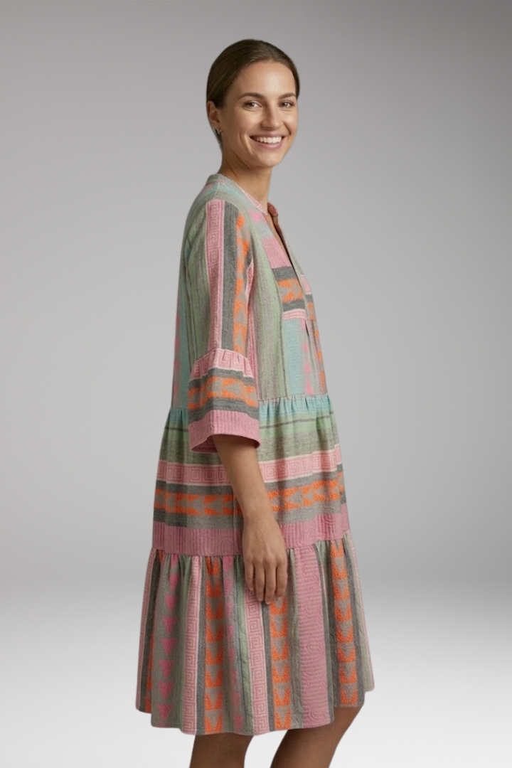 Women's V-Neck Hemp Summer Midi Dress with Sleeves