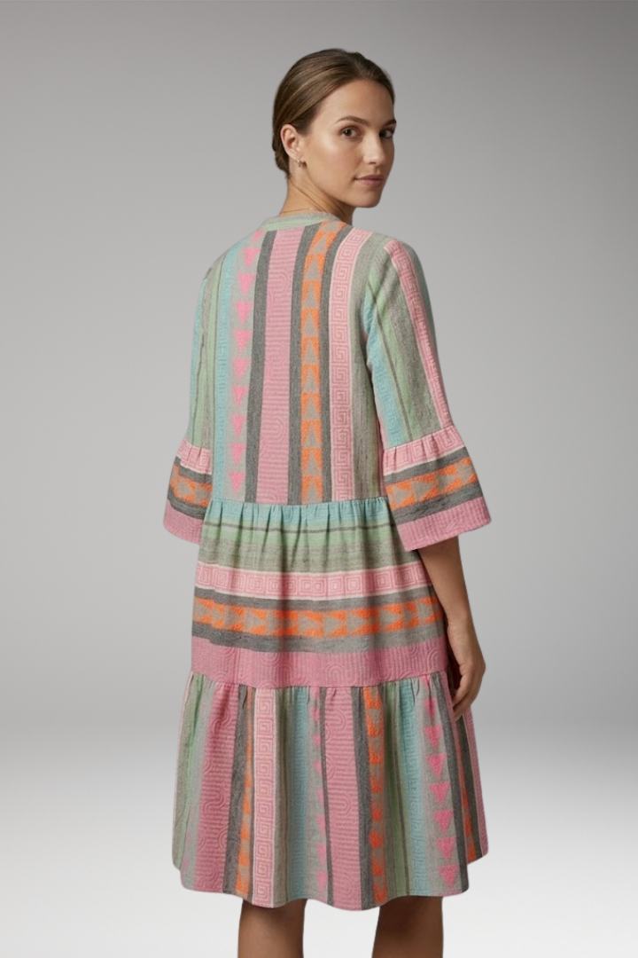 Women's V-Neck Hemp Summer Midi Dress with Sleeves