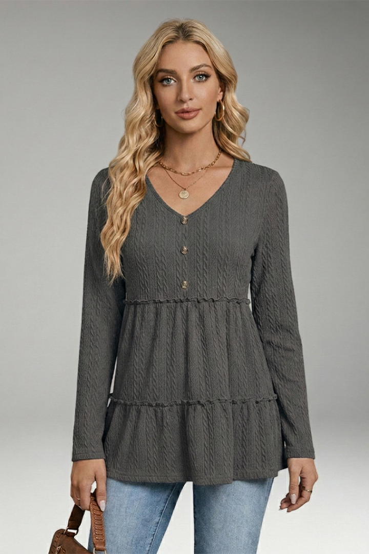 Women's V-Neck Shirt with Button Details and Voluminous Hem