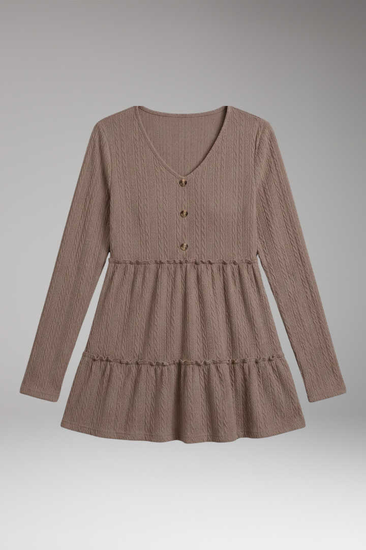 Women's V-Neck Shirt with Button Details and Voluminous Hem