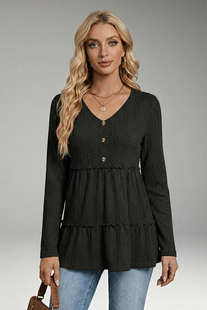 Women's V-Neck Shirt with Button Details and Voluminous Hem