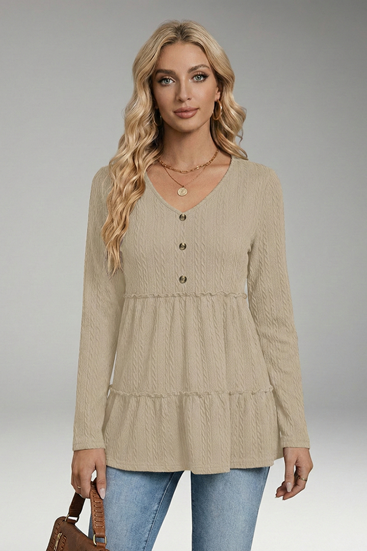 Women's V-Neck Shirt with Button Details and Voluminous Hem