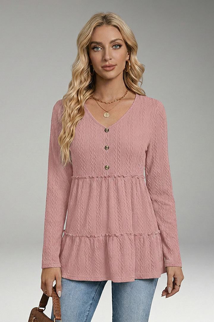 Women's V-Neck Shirt with Button Details and Voluminous Hem