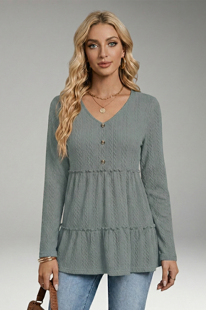 Women's V-Neck Shirt with Button Details and Voluminous Hem