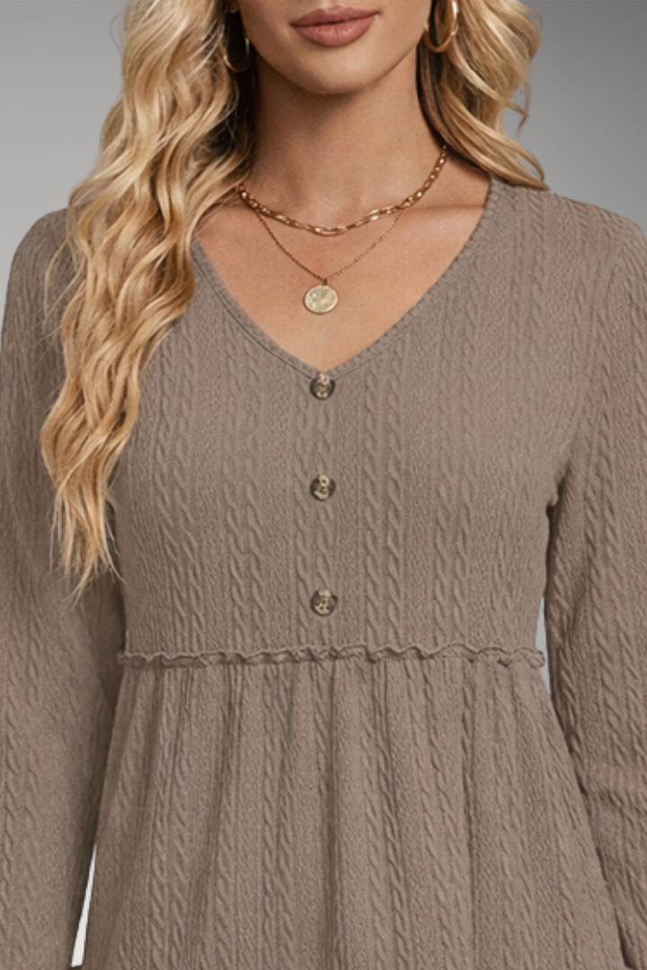 Women's V-Neck Shirt with Button Details and Voluminous Hem