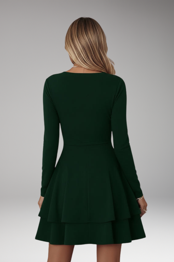 Women's V-neck Dress with Long Sleeves and Voluminous Skirt