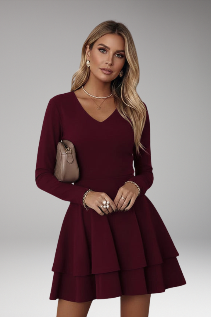 Women's V-neck Dress with Long Sleeves and Voluminous Skirt