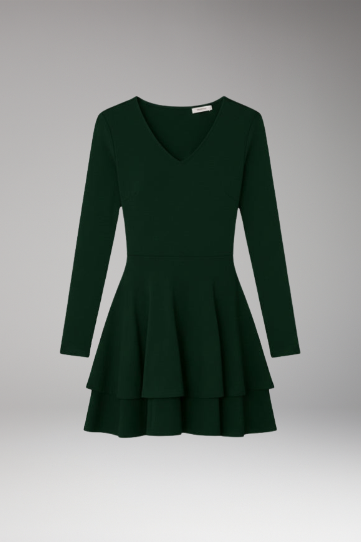Women's V-neck Dress with Long Sleeves and Voluminous Skirt