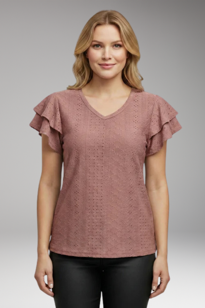 Women's V Neck T Shirt with Ruffle Sleeves