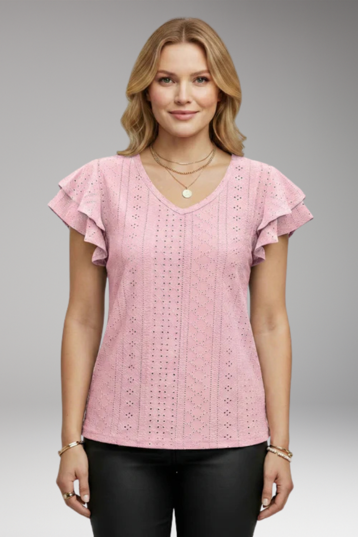Women's V Neck T Shirt with Ruffle Sleeves