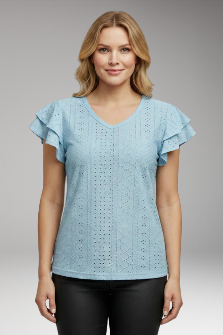 Women's V Neck T Shirt with Ruffle Sleeves