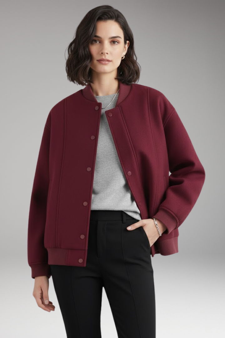 Women's Varsity Bomber Jacket with Snap Closure and Ribbed Trim