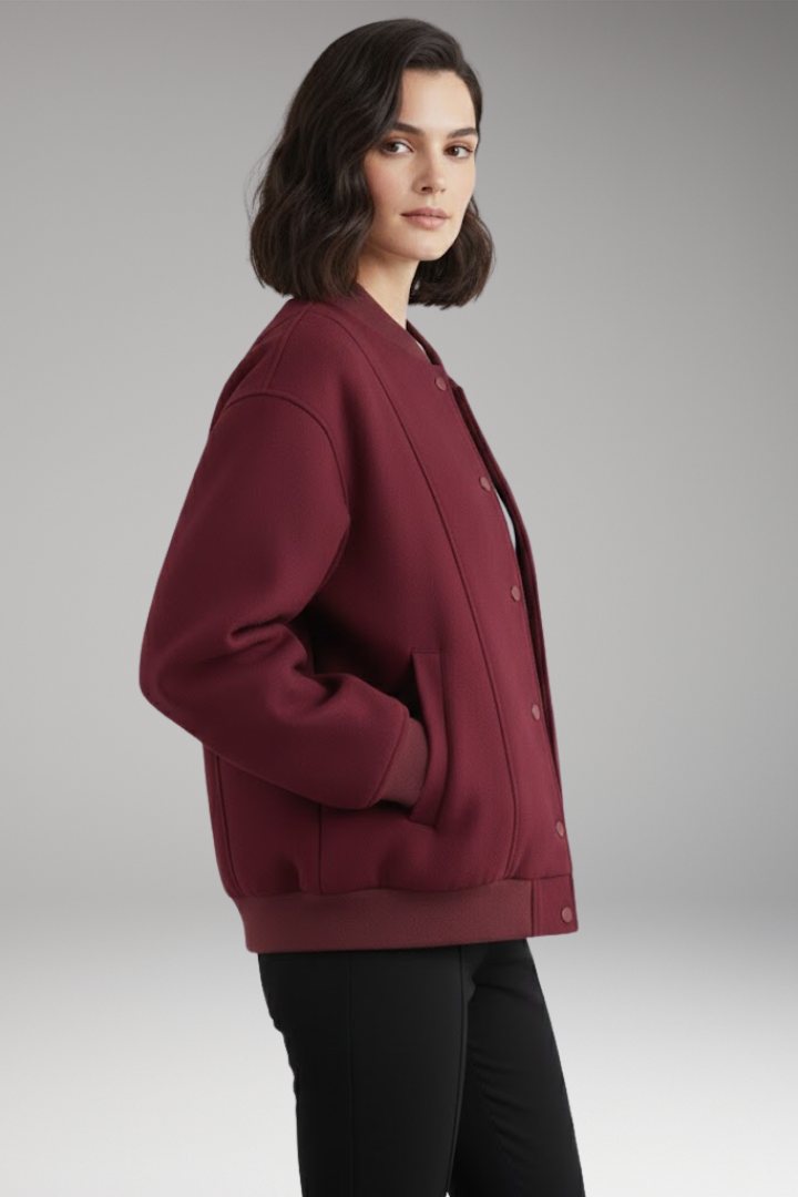 Women's Varsity Bomber Jacket with Snap Closure and Ribbed Trim