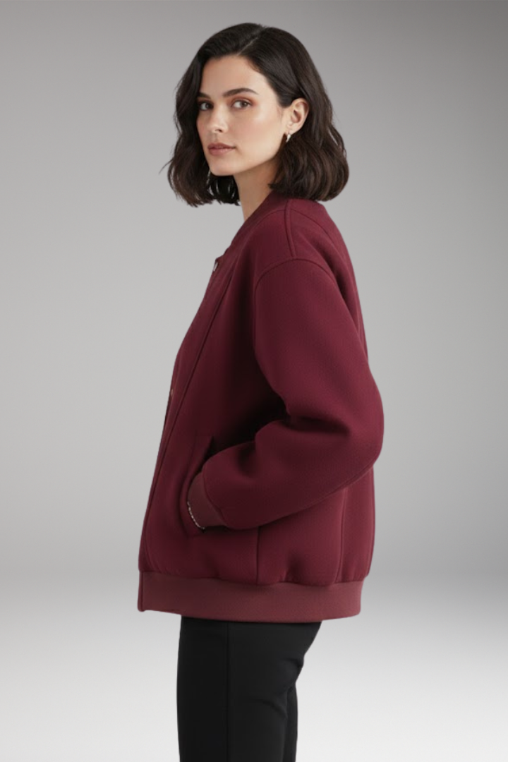 Women's Varsity Bomber Jacket with Snap Closure and Ribbed Trim