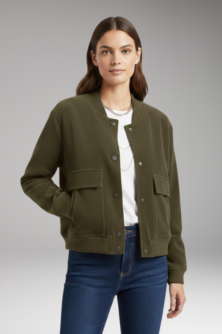 Women's Velvet Bomber Jacket with Front Zipper and Pockets