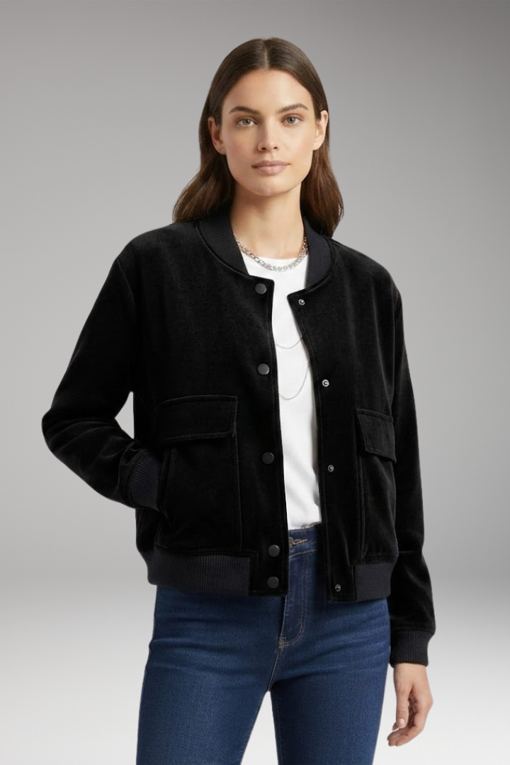 Women's Velvet Bomber Jacket with Front Zipper and Pockets