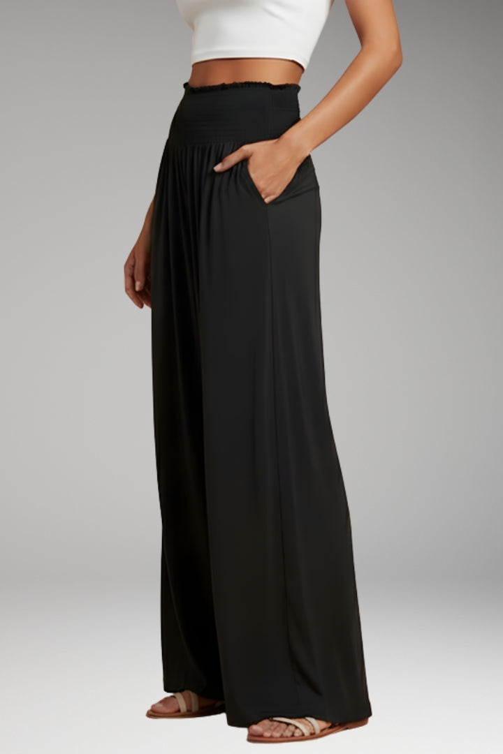 Women's Wide-Leg Trousers with High-Waisted Fit and Smocked Waistband