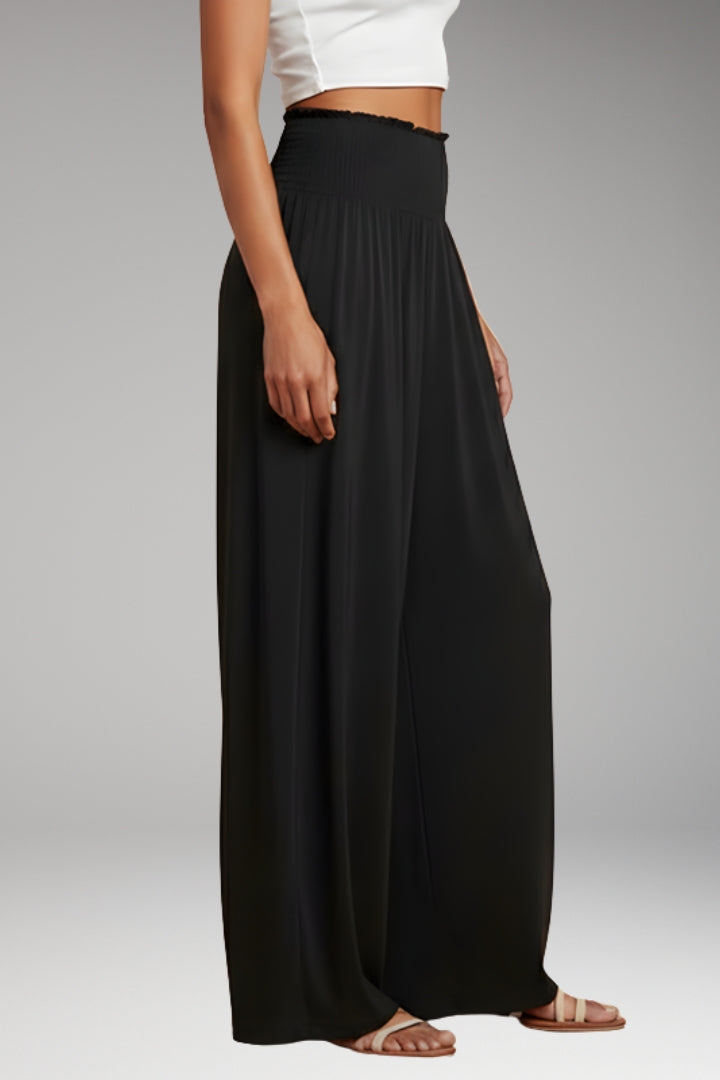 Women's Wide-Leg Trousers with High-Waisted Fit and Smocked Waistband
