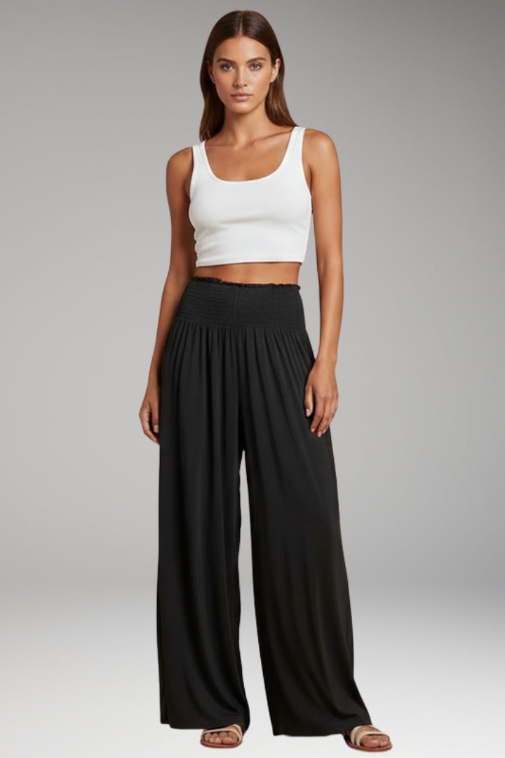 Women's Wide-Leg Trousers with High-Waisted Fit and Smocked Waistband