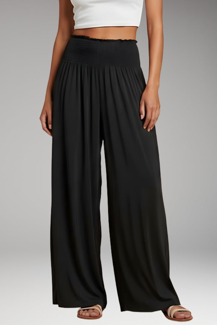 Women's Wide-Leg Trousers with High-Waisted Fit and Smocked Waistband