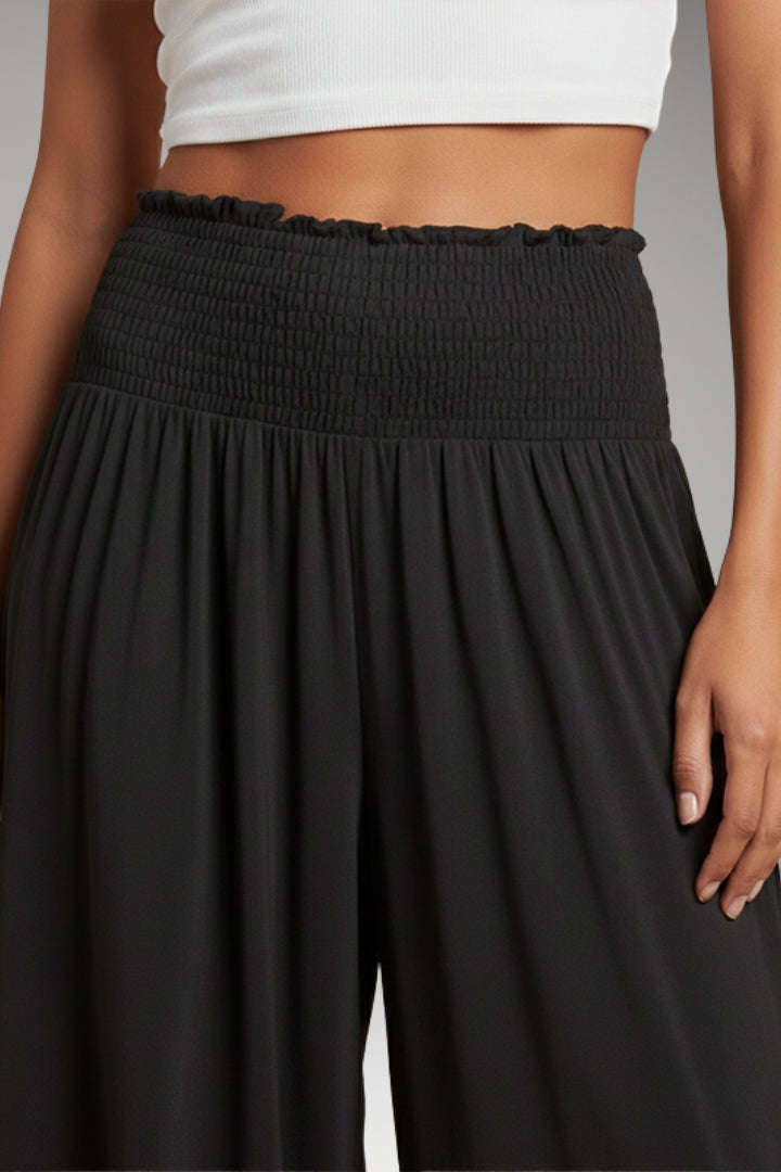Women's Wide-Leg Trousers with High-Waisted Fit and Smocked Waistband